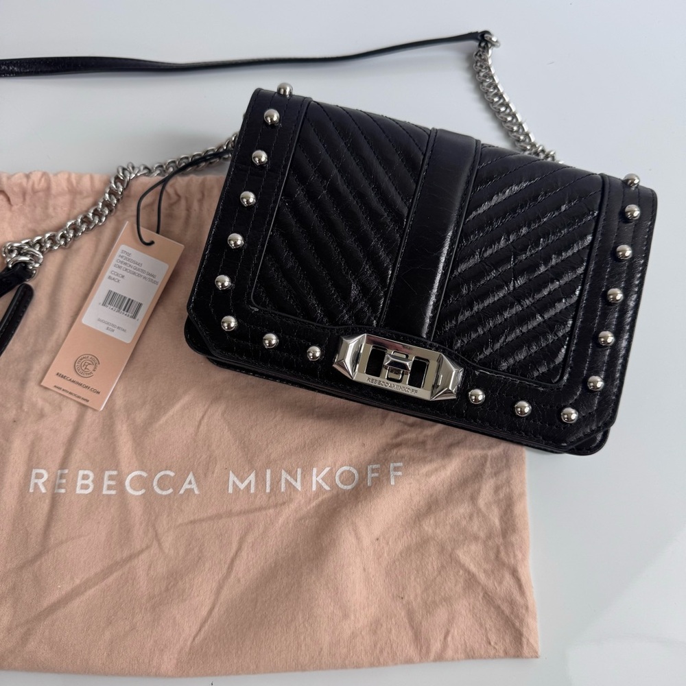 REBECCA MINKOFF Chevron Quilted Small Love Crossbody with Studs Black NWT
